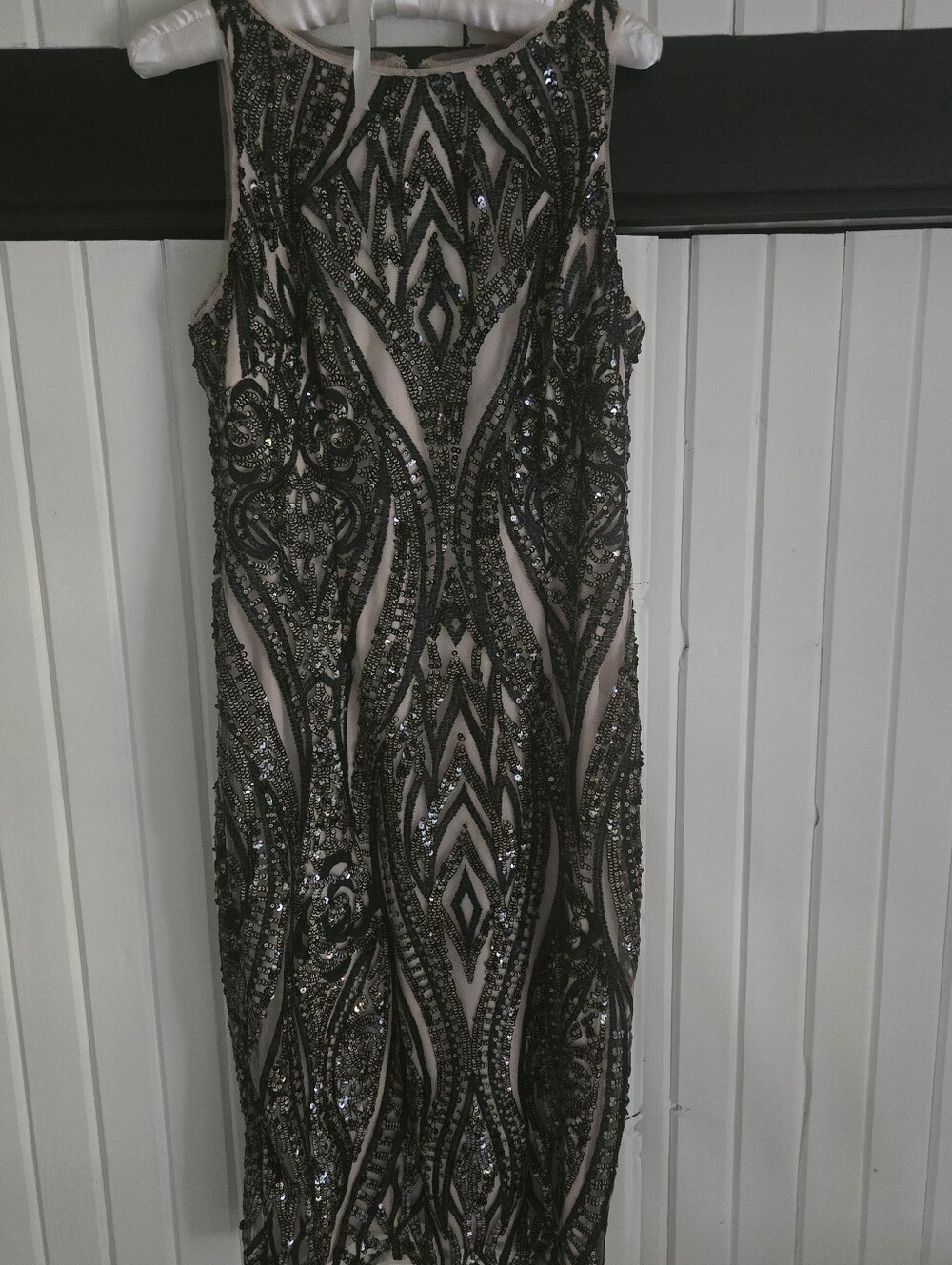 Adrianna Papell Black Sequin Embellished Nude Illusion Dress